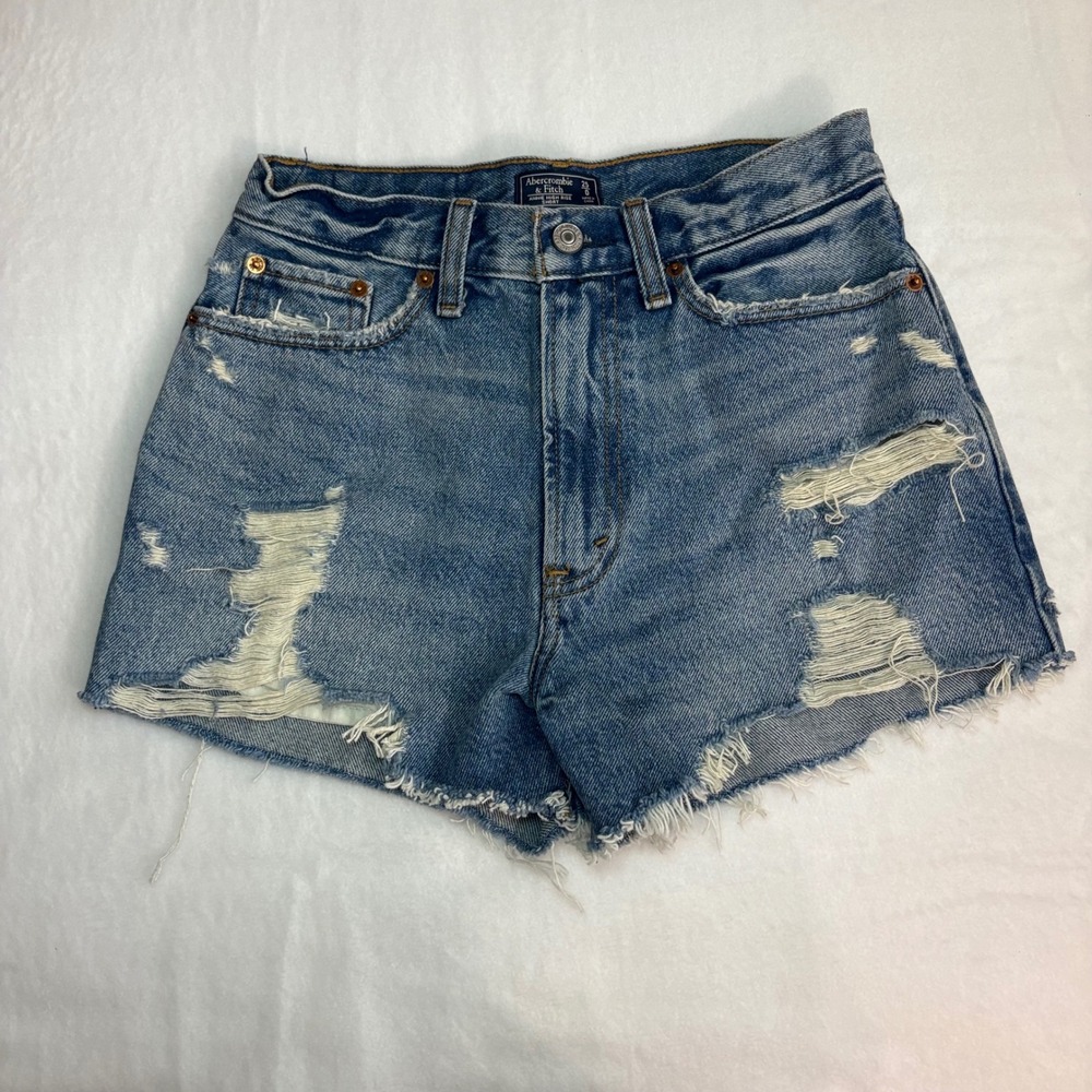 Abercrombie & Fitch Annie High Rise Distressed Denim Shorts Medium Wash 25 0